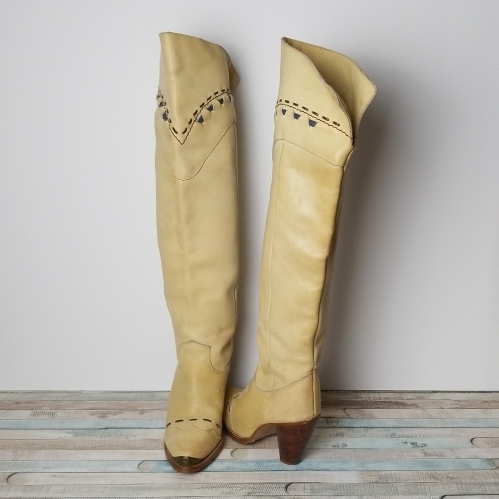 Rare 1969 Zodiac Leather KneeHigh Embroidered Steel Toe Boot Sz 8 wood heel - Picture 3 of 11